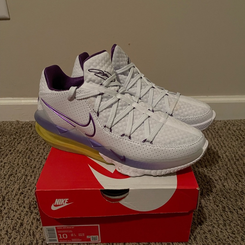 White/purple/yellow Lebrons